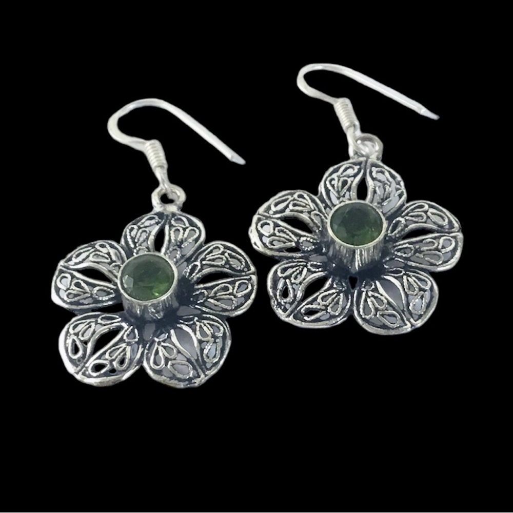 Peridot Gemstone Earrings Filigree Floral Blossom Flower Style Drop Dangle - Picture 2 of 5